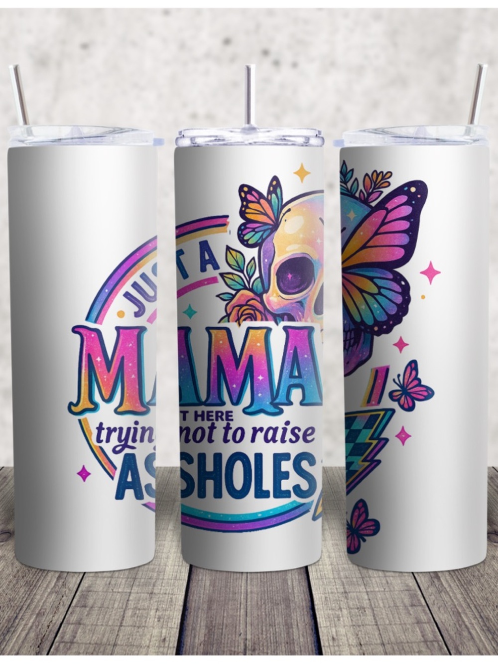 Mama Colorful Butterfly Skull Stainless Tumbler - White